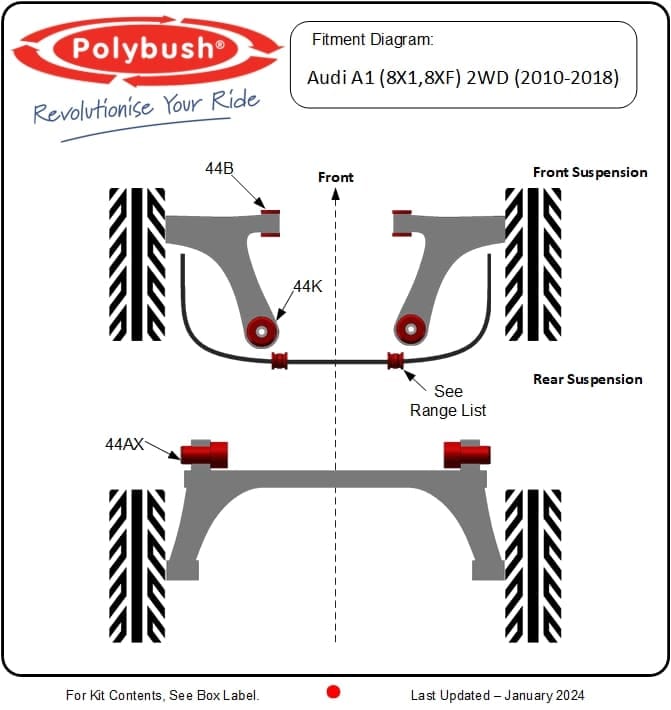 Audi A1 (8X1 8XF) 2WD 2010–2018 suspension bush diagram