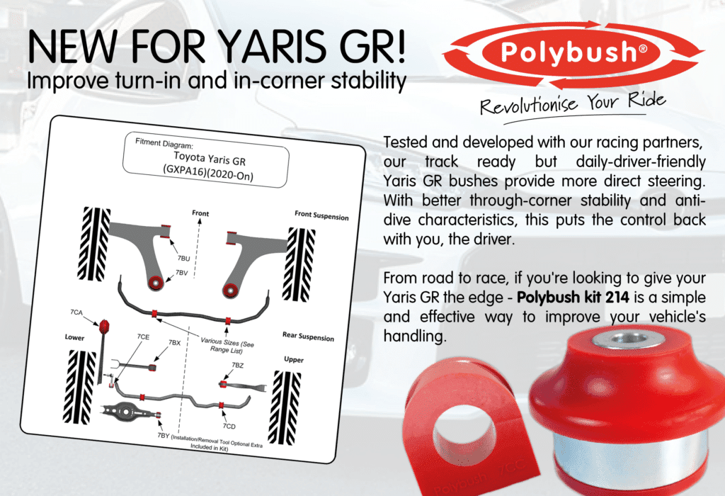 Polybush. Tested and developed with our racing partners, our track ready but daily-driver-friendly Yaris GR bushes provide more direct steering. With better through-corner stability and anti-dive characteristics, this puts the control back with you, the driver. From road to race, if you're looking to give your Yaris GR the edge - Polybush kit 214 is a simple and effective way to improve your vehicle's handling.
